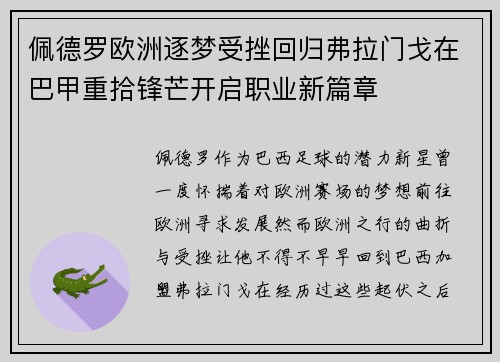 佩德罗欧洲逐梦受挫回归弗拉门戈在巴甲重拾锋芒开启职业新篇章 佩德罗欧洲逐梦受挫回归弗拉门戈在巴甲重拾锋芒开启职业新篇章