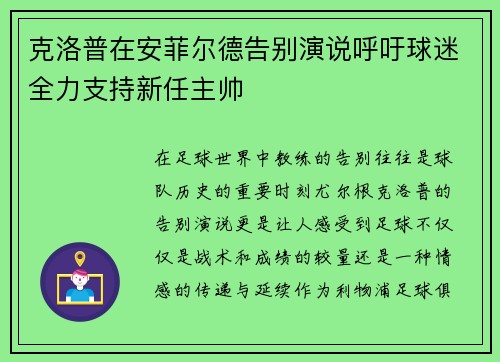 克洛普在安菲尔德告别演说呼吁球迷全力支持新任主帅
